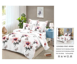 Lenjerie de Pat Finet Bumbac – 4 Piese – Model Floral Alb cu Flori Roz și Aspect Romantic