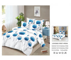 Lenjerie de Pat Finet Bumbac – 4 Piese – Model Floral Alb cu Flori Albastre și Accente Delicate