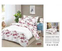 Lenjerie de Pat Finet Bumbac – 4 Piese – Model Floral Alb cu Flori Roz