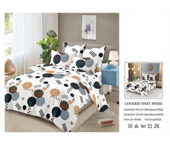 Lenjerie de Pat Finet Bumbac – 4 Piese – Model Geometric Alb cu Cercuri și Accente Moderne