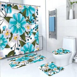 Set Pentru Baie: Perdea, Covorase Si Husa De Toaleta - Blue Flowers