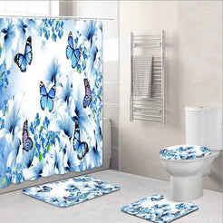 Set Pentru Baie: Perdea, Covorase Si Husa De Toaleta - Blue Butterflies